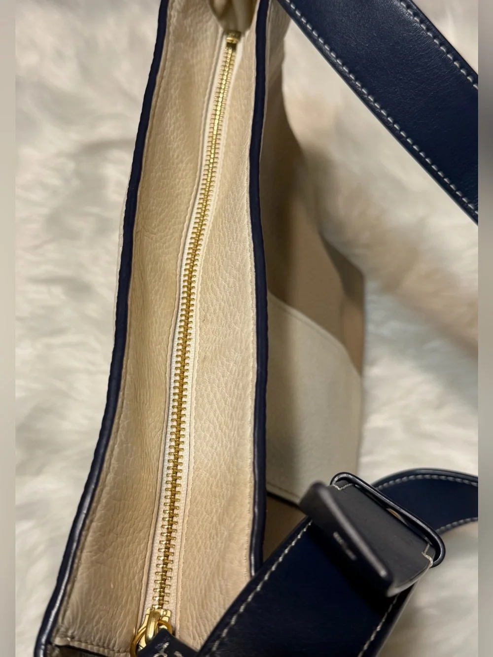Tory Burch Block T Two-Tone Cream & Tan Leather Shoulder Bag with Navy Strap